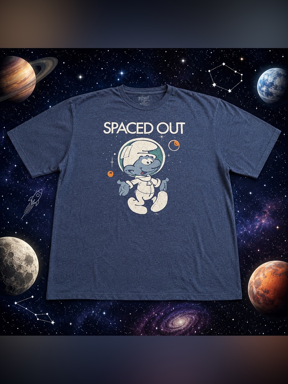 Smurfs Spaced Out Astronaut Graphic Tee Blue Cartoon T-Shirt Men’s XXL